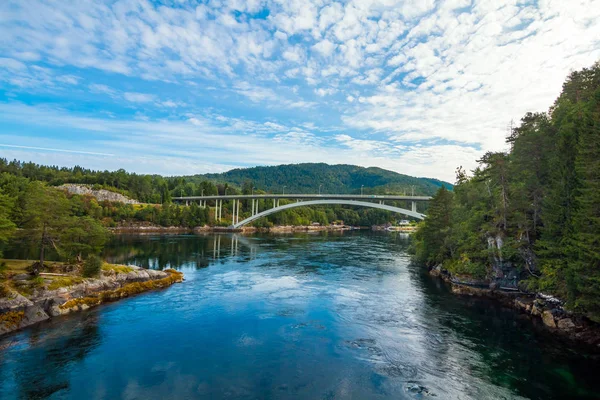 Bridge mirroring in water - sunny day near Alesund, Norway