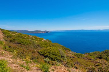 Alghero, Sardunya'daki Neptün Mağarası (Grotta di Nettuno) yakınlarındaki deniz kenarı 