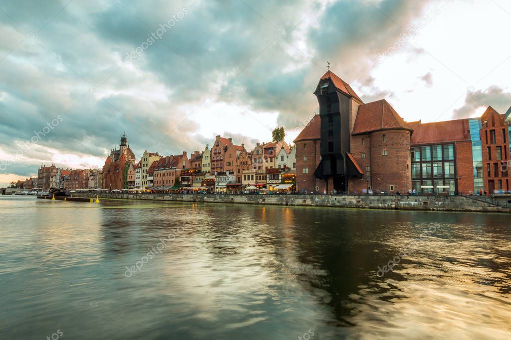 Gdansk old town and famous crane at amazing sunset. Gdansk. Poland