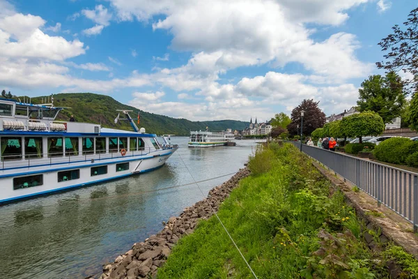 Łodzie Zacumowane Rzece Ren Boppard Słynny Popularny Wine Village Boppard — Zdjęcie stockowe