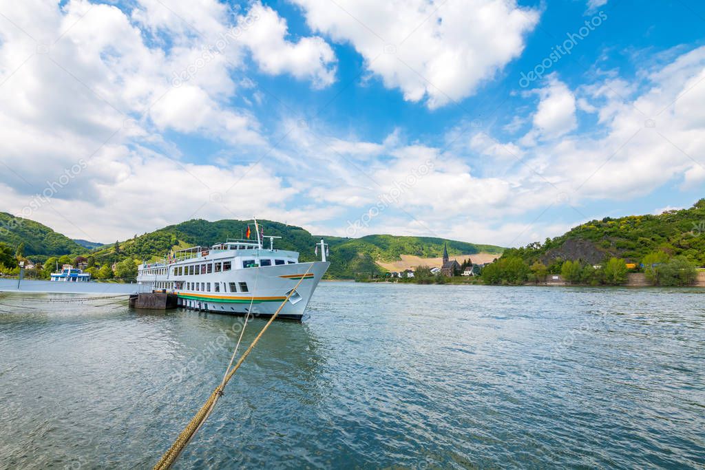 Boats moored up on the river Rhine at Boppard, Famous popular Wine Village of Boppard at Rhine River, middle Rhine Valley, Germany. Rhine Valley is UNESCO World Heritage Site
