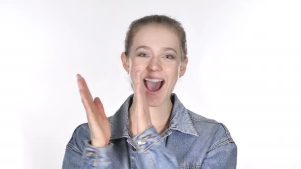 Portret Van Applaudisseren Mooie Casual Jonge Vrouw Klappen — Stockvideo