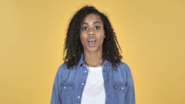 African Girl Celebrating Success Isolated Yellow Background — Stock Video