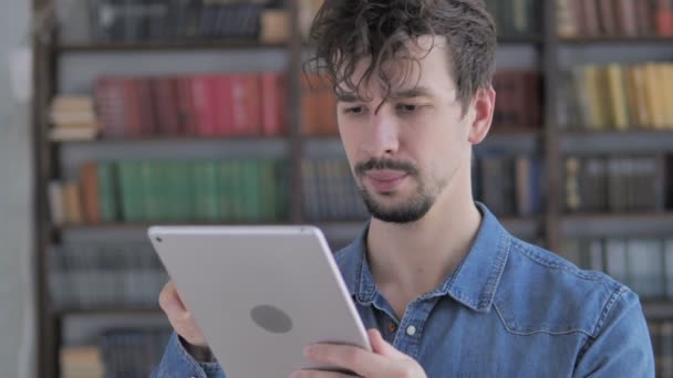 Excited Casual Young Man Winning Online Tablet — Stock Video