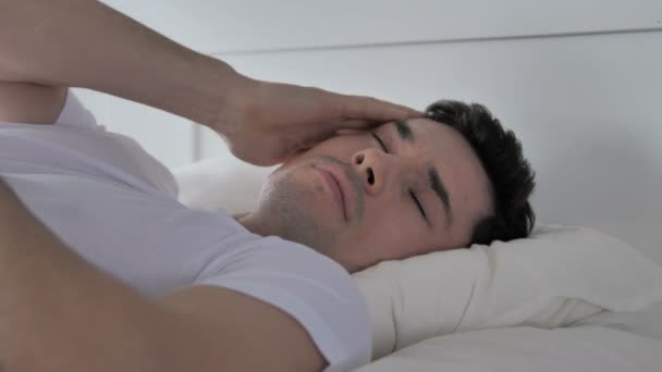 Headache Restless Young Man Sleeping Bed — Stock Video