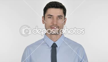 Bize ulaşın, jest işadamı, beyaz arka plan tarafından ara