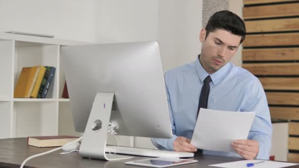 Pensive Businessman Reading Documents Work — Stock Video