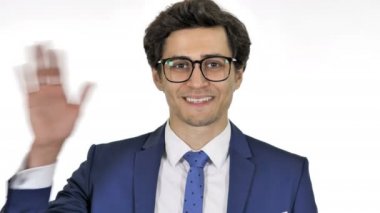 Merhaba, Beyaz Arka Plan Üzerinde İzole Genç İşadamı Hoşgeldiniz