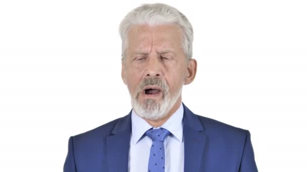 Yawning Old Businessman Isolated on White Background — Stock Video