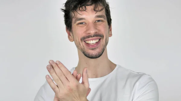 Retrato de aplaudir a un joven ocasional, aplaudiendo la emoción —  Fotos de Stock