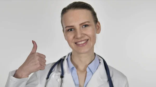 Thumbs Up by Lady Doctor on White Background — Stock Photo, Image
