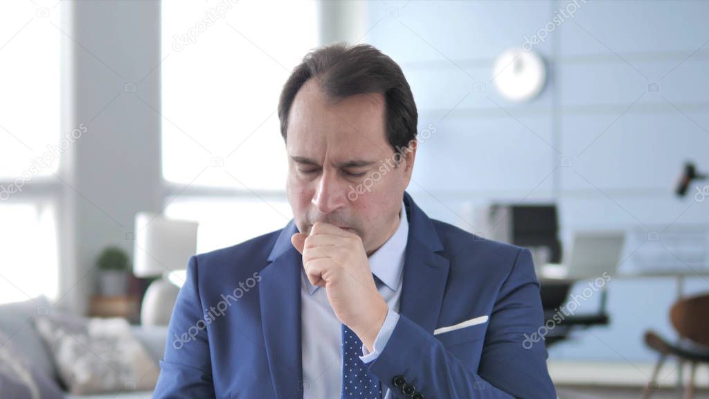 Cough, Portrait of Sick Middle Aged Businessman Coughing