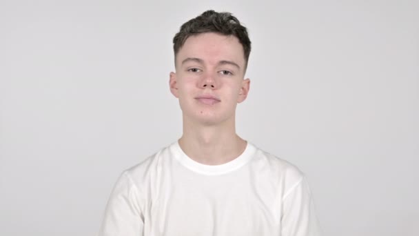 Victory Sign by Young Man on White Background — Stock Video