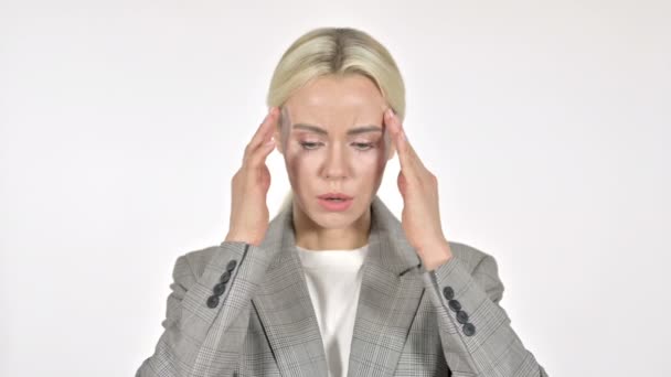 Businesswoman with Headache on White Background — Stock Video