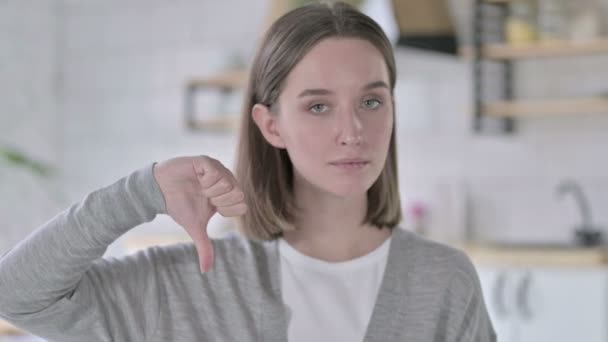 Portrait of Upset Young Woman showing Thumbs Down — Stock Video