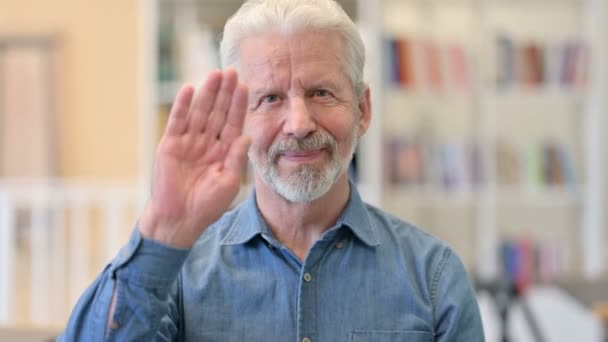 Portrait of Senior Old Man Waving on Video Call — Stok Video