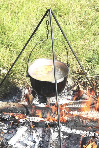 Nyáron Tiszta Időben Ételt Tűzifa Tüzet Piknik Vízforraló — Stock Fotó