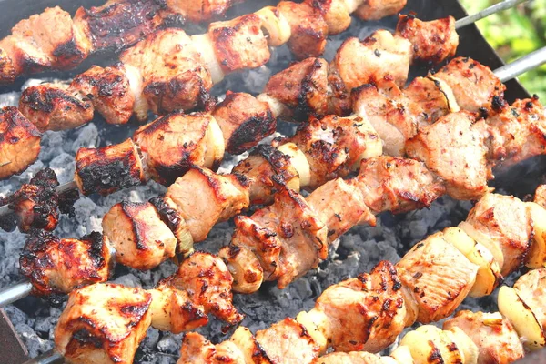 Brochetas Barbacoa Con Jugoso Apetitoso Primer Plano Carne Deliciosa —  Fotos de Stock