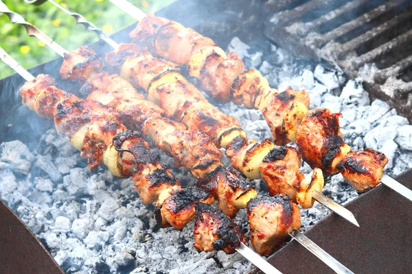 Lezzetli et closeup iştah açıcı sulu ile Barbekü şişler