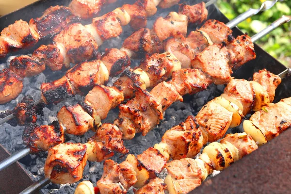 Brochettes Barbecue Avec Appétissante Délicieuse Viande Juteuse Gros Plan — Photo