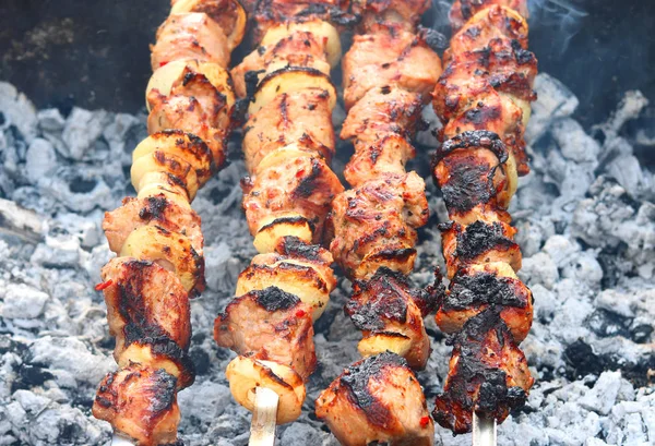 Barbecue Spiesjes Met Sappige Smakelijke Heerlijke Vlees Close — Stockfoto