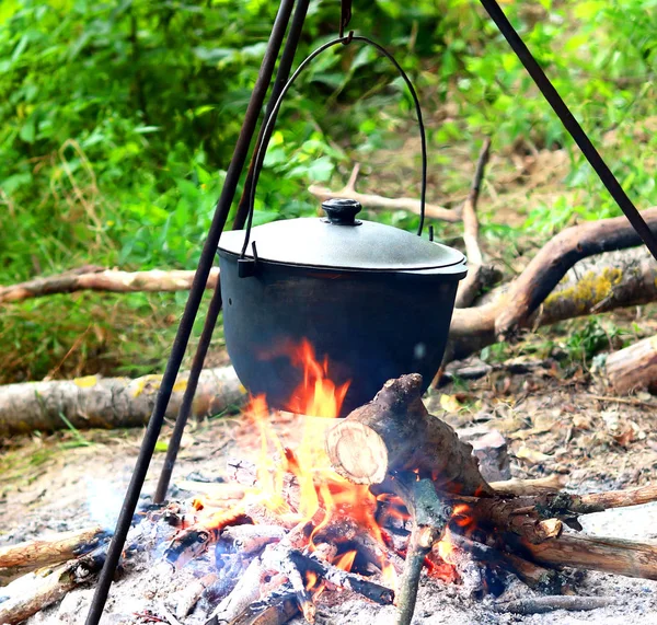 Cozinhar Deliciosa Comida Saborosa Livre Fogo Panela Ferro Verão Bom — Fotografia de Stock