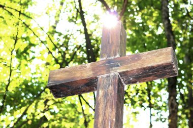 Ahşap Hıristiyan dini arka planını yeşil ağaçlar ve çarmıhta şafakta güneş ışınlarının