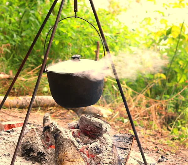 Cozinhar Deliciosa Comida Saborosa Livre Fogo Panela Ferro Verão Bom — Fotografia de Stock