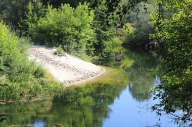Açık havalarda yaz aylarında yeşil ağaçlar ve diğer yeşil bitkiler arasında açık nehir Bend güzel kumlu plaj