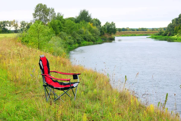 Portable Folding Tourist Red Armchair Green Grass Summer Picnic River — Stock Photo, Image