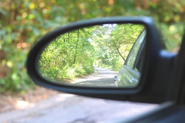 Car Mirror Image Summer Forest Reflection Good Clear Weather Popularization — Stock Photo, Image