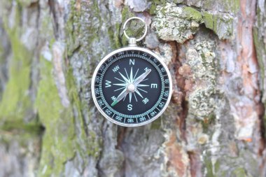 Pusula ile turizmin sembolü olarak doğal arka planda yuvarlak pusula, pusula ile seyahat ve pusula ile açık hava aktiviteleri