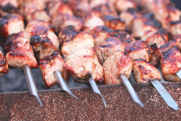 Főzés Hús Nyársak Barbecue Piknik — Stock Fotó