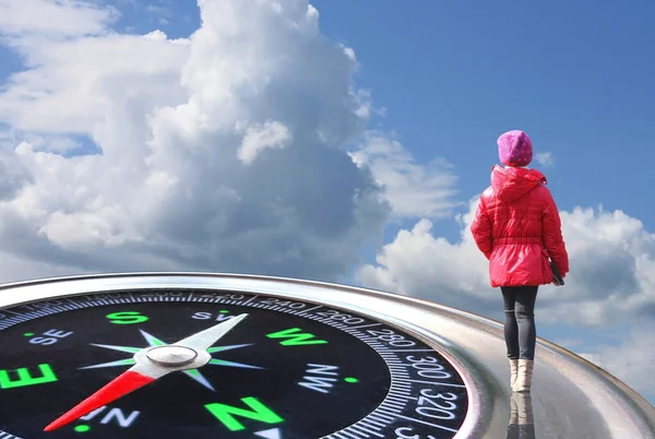 Abstract Photo Image Girl Red Jacket Large Classic Compass Sky — Stock Photo, Image