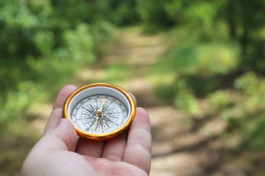 Pusula ile turizmin, pusula ile seyahat etmenin ve pusula ile açık hava aktivitelerinin sembolü olarak, doğal arka planda eski klasik navigasyon pusulası bulunmakta