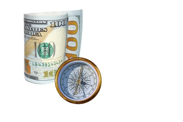 Sto Dolarów Okrągły Kompas Białym Tle — Zdjęcie stockowe