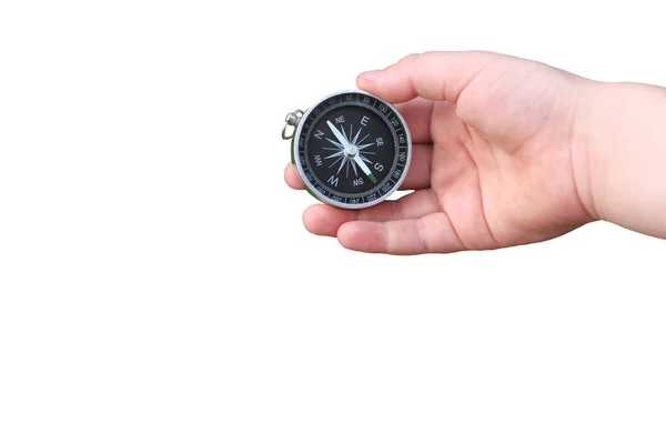 Rund Kompass Handen Isolerad Vit Bakgrund För Abstrakt Bild Med — Stockfoto