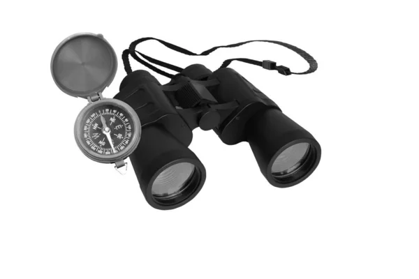Classic Travel Compass Classic Travel Binoculars Isolated White Background — Stock Photo, Image