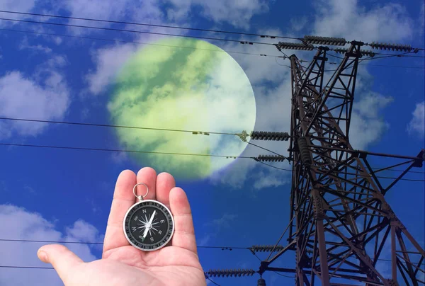 Compass Hand Abstract Sky Background Moon Electric Tower — Stock Photo, Image