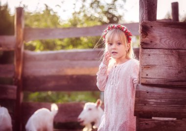 Çayırda keçilerle poz veren güzel sarışın kız.