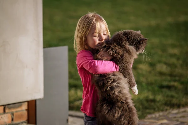 Beautiful Little Blond Child Girl Hugs Cat — Stock Photo, Image