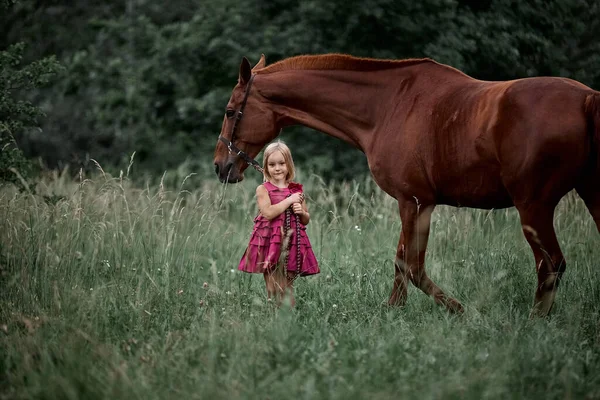 美しい小さなブロンドの女の子でドレス大きな赤い馬の横にある — ストック写真