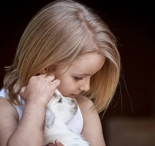 Petite Fille Blonde Étreint Une Chèvre — Photo