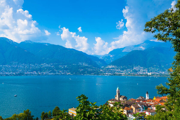 Scenic view to the lake at the village Vira at the Lago Maggiore