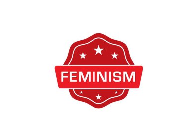 Basit vektör simgesi çizimi, kırmızı rozetli yazı: feminizm