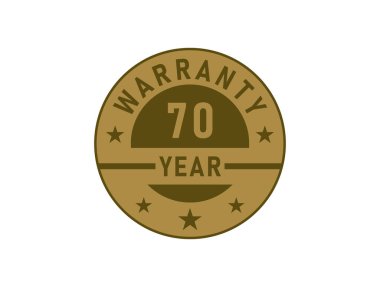 Beyaz arka planda izole edilmiş 70 yıllık altın rozetler. Garanti etiketi
