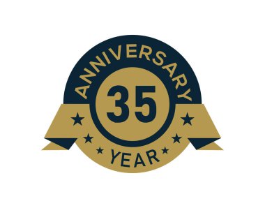 Altından 35 yıl yıldönümü rozeti, beyaz arka planda altın izole edilmiş yıldönümü logosu.