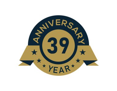 Altın 39 yıllık yıldönümü rozeti ve beyaz arka planda altın izole edilmiş yıldönümü logosu.