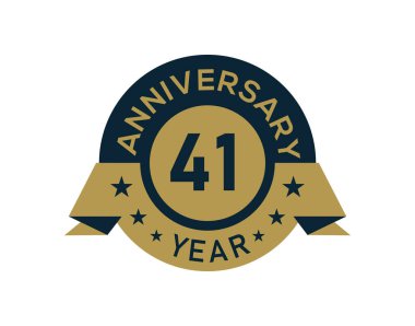 Altın rengi 41 yıllık rozet, afiş resmi, yıl dönümü logosu beyaz arka planda altın izole