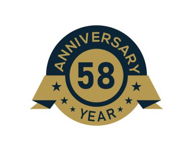 Sarı 58 yıllık yıldönümü rozeti ve beyaz arka planda altın izole edilmiş yıldönümü logosu.